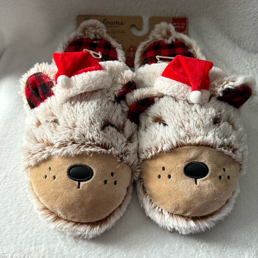 Dearfoams Red Black Plaid Lil Bear‎ Slippers Unisex Women’s Size 11/12 Men 9/10
